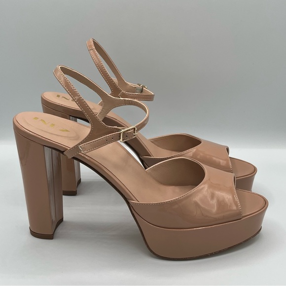 Inez Camilla Platform Heels in Tan Patent | Nude Leather Peep Toe Slingback Heel - Picture 6 of 11